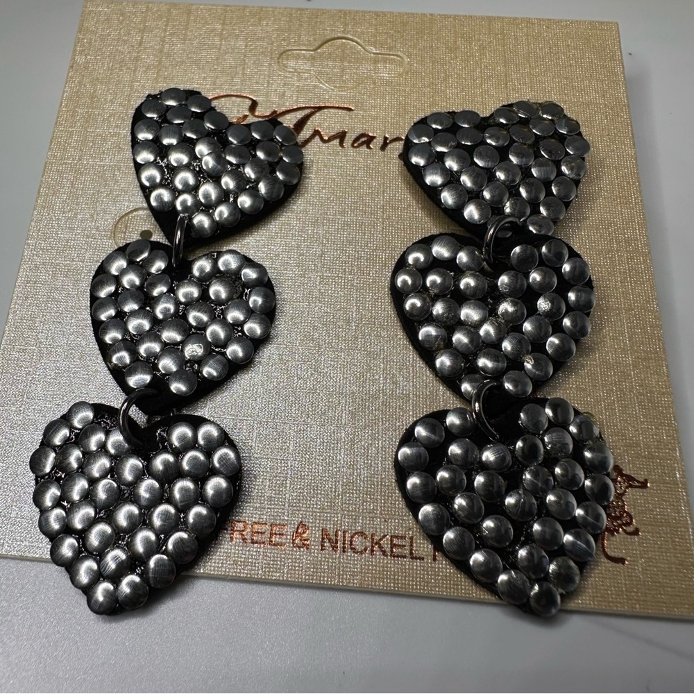 Black Leatherette Triple Heart Drop Earrings Silver Studs Lightweight